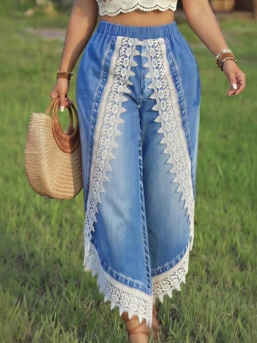 Blue Boho Women's Plus Size Casual Floral Trim Palazzo Pants